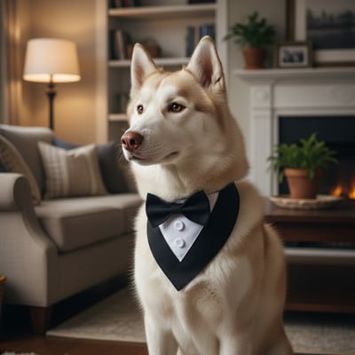 Husky blanc assis dans un salon portant un bandana pour chien type smoking noir.