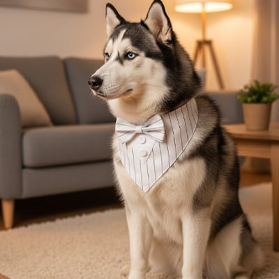 Chien Husky gris et blanc avec un bandana pour chien blanc à fines rayures noires.