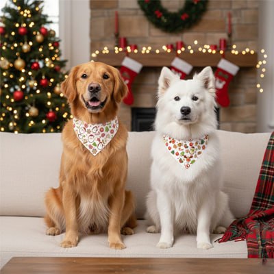 Golden Retriever et Samoyède avec un bandana pour chien blanc à motifs de Noël.