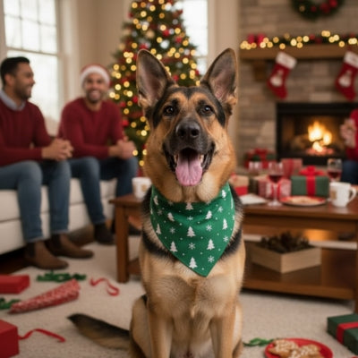 Berger Allemand avec bandana pour chien vert devant un sapin de Noël.