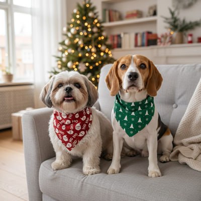 Shih Tzu et Beagle portant chacun un bandana pour chien festif dans un salon.