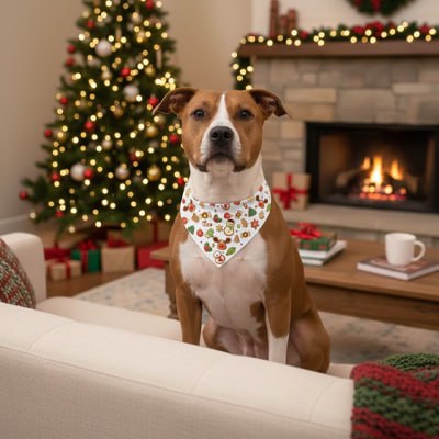 Chien de race Pitbull en bandana pour chien blanc devant une cheminée allumée.