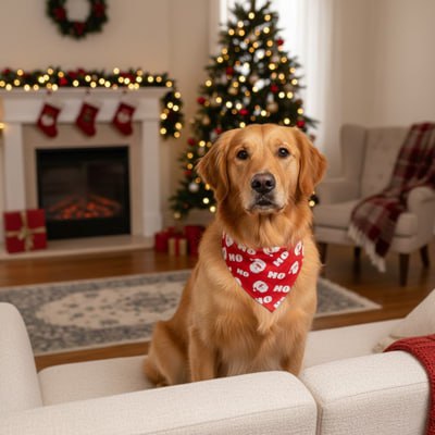 Golden Retriever avec un bandana pour chien rouge marqué "Ho Ho" devant le sapin.