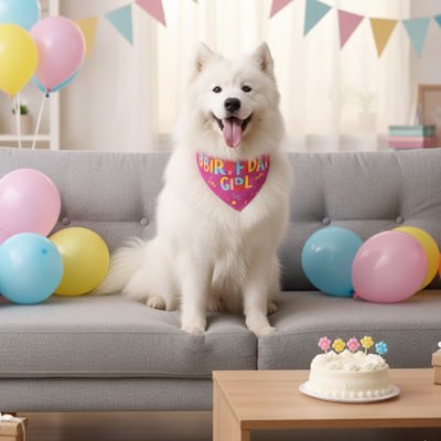 Samoyède blanc sur un canapé avec un bandana pour chien rose marqué "Birthday Girl".