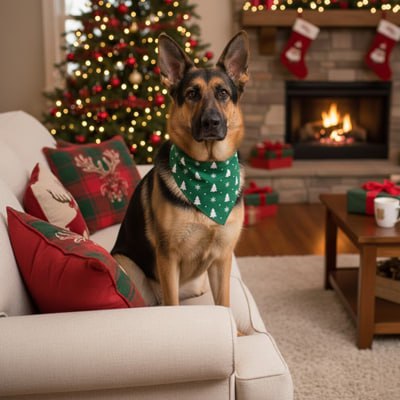 Berger Allemand avec bandana pour chien vert assis sur un canapé près du sapin.