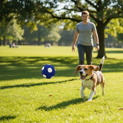 Chien Beagle courant sur l'herbe vers une balle chien bleue et blanche.