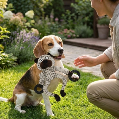 Chien Beagle assis dans l'herbe tenant une peluche pour chien dans sa gueule face à une femme.