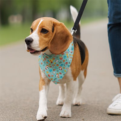 Beagle en laisse marchant avec un bandana chien bleu turquoise aux motifs colorés.