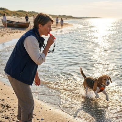 Femme au bord de la mer utilisant un sifflet à ultrason pour chien pour appeler son Beagle.