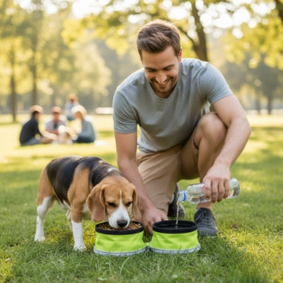 Beagle boit de l'eau versée par son maître dans une gamelle chien verte double au parc.