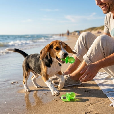 Beagle sur la plage attrapant un jouet Kong chien vert près d'un homme assis