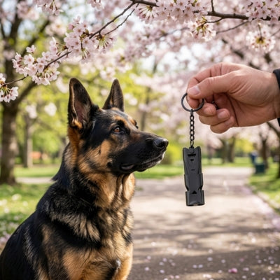 Berger Allemand sous des cerisiers fixant un sifflet pour chien ultrason tenu à la main.