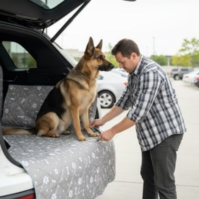 Homme installant un Berger Allemand sur une housse de coffre chien voiture protection.
