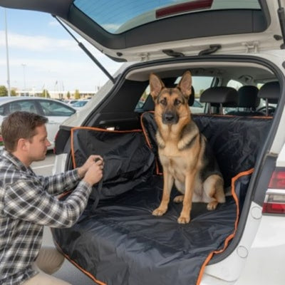 Berger Allemand assis dans un coffre avec housse de chien voiture protection.