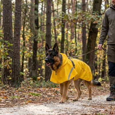 Berger allemand avec un imperméable pour chien jaune en laisse sur un chemin forestier.