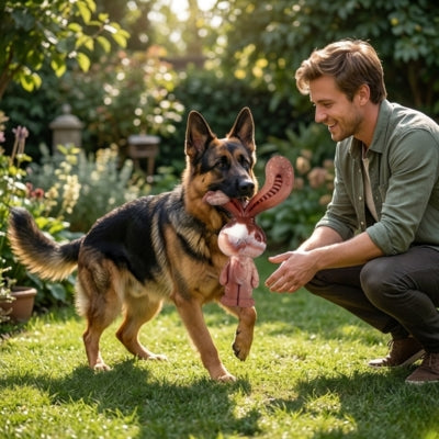 Berger Allemand debout dans un jardin tenant un jouet chien indestructible en forme de lapin.
