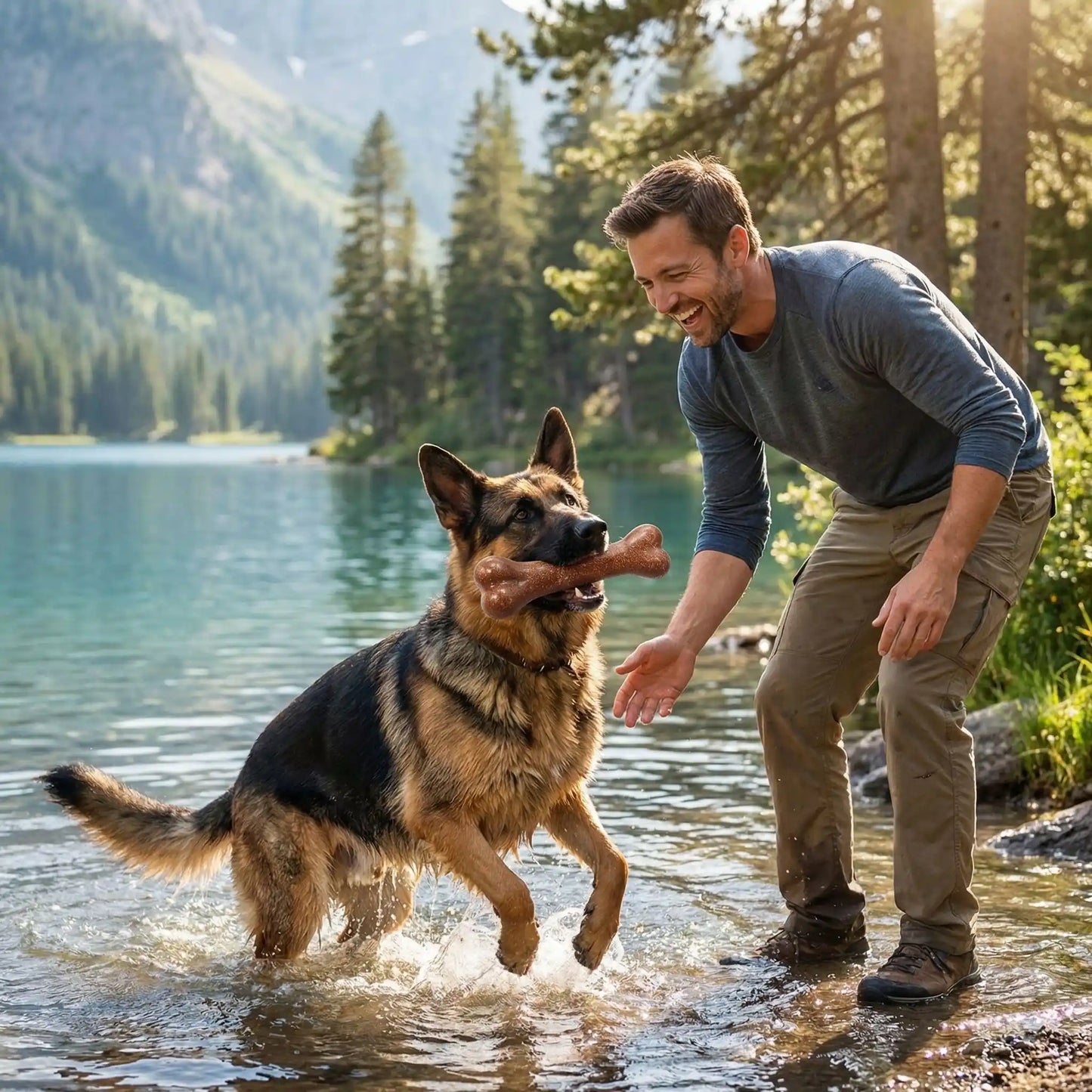 Berger allemand avec un jouet indestructible chien dans l'eau près d'un lac.
