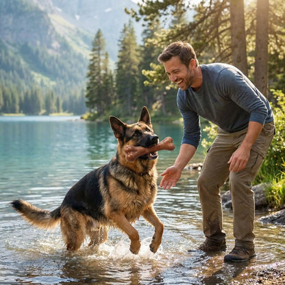 Berger allemand avec un jouet indestructible chien dans l'eau près d'un lac.