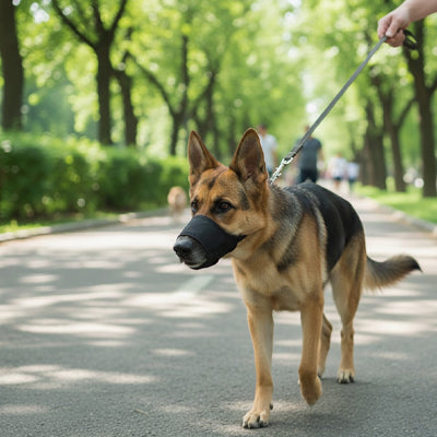 Berger Allemand en laisse avec une muselière pour chien noire dans une allée d'arbres.