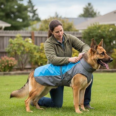 Un berger allemand porte un manteau imperméable pour chien bleu et gris dans un jardin.