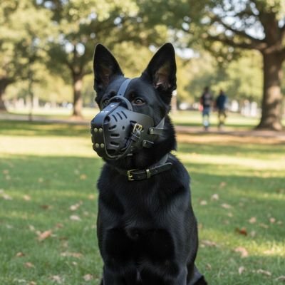 Berger Allemand noir assis dans l'herbe portant une muselière chien en cuir.
