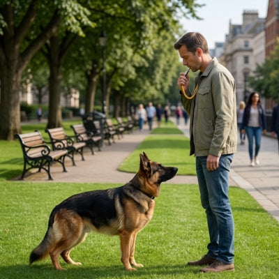 Berger Allemand dans un parc urbain attentif face à un homme et son sifflet à ultrason pour chien.