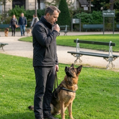 Homme dans un parc utilisant un sifflet à ultrason pour chien devant son Berger allemand assis.