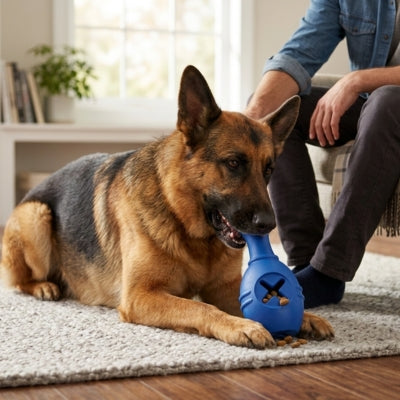 Berger Allemand sur un tapis avec un jouet pour chien kong bleu laissant sortir des croquettes.