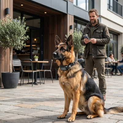 Berger Allemand attentif en terrasse avec un homme utilisant un collier de dressage pour chien.