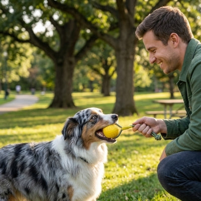 Un Berger Australien attrape la balle d'un jouet chien indestructible tenue par son maître.