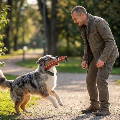 Berger Australien sautant pour attraper son jouet pour chien indestructible tenu par son maître.