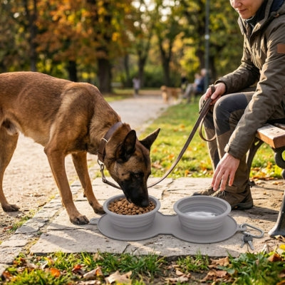 Berger belge mangeant dans des gamelles chien grises lors d'une promenade au parc.