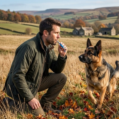 Berger Allemand dans un champ avec un homme utilisant un sifflet à ultrason pour chien bleu.