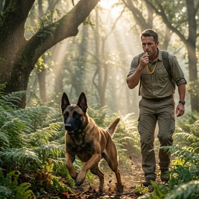 Berger Belge Malinois courant en forêt vers un homme sifflant au sifflet à ultrason pour chien.