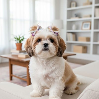 Bichon havanais bicolore assis sur un canapé beige avec des noeuds papillon chien mauves.
