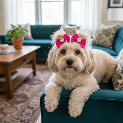 Bichon sur canapé turquoise arborant deux noeud papillon chien rose fuchsia avec strass.