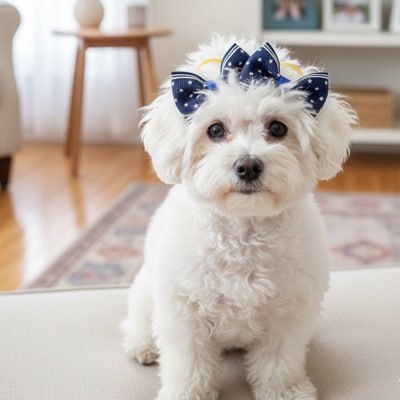 Bichon Frisé blanc assis portant un noeud papillon chien bleu marine à pois blancs.