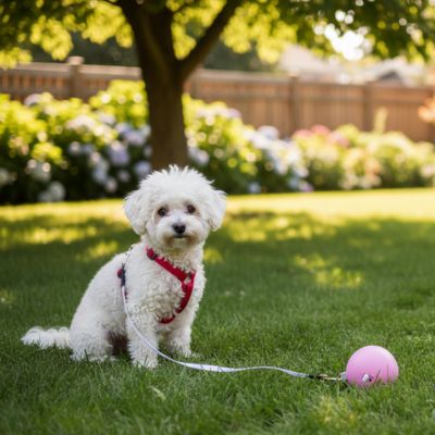 Bichon Frisé en harnais rouge avec une longe pour petit chien rose sur l'herbe