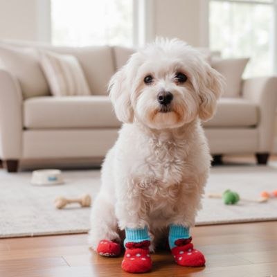 Bichon frisé assis en intérieur portant des chaussettes pour chien rouges à pois et revers bleus.