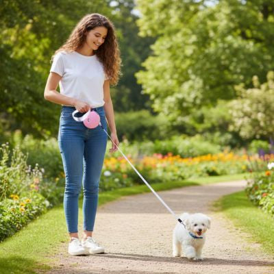 Bichon Frisé blanc en jardin fleuri avec une longe pour petit chien rose