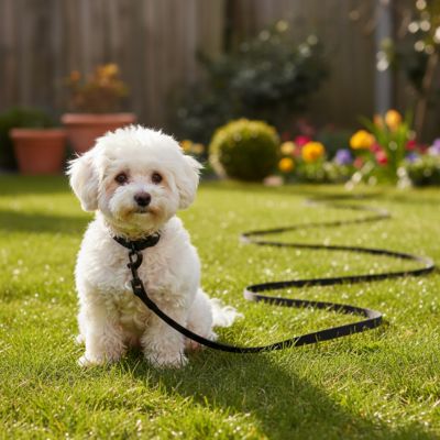 Bichon frisé au jardin attaché à sa longe pour petit chien noire.