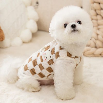 Bichon frisé portant un pull pour chien à carreaux brun et blanc avec un motif d'ours.