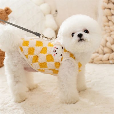 Bichon frisé en laisse portant un pull pour chien jaune et blanc à carreaux avec un ours.