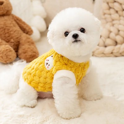 Bichon frisé portant un pull pour chien jaune texturé avec un motif d'ours.