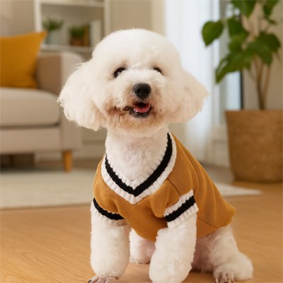 Bichon frisé assis en intérieur, portant un pull pour chien jaune à col rayé blanc et noir.