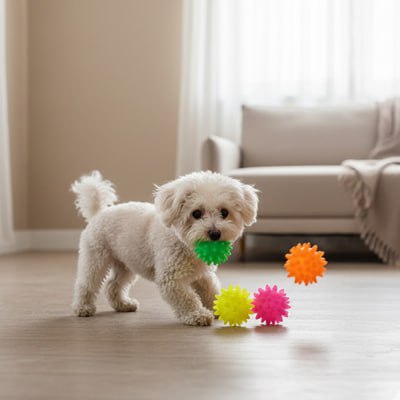 Chien Bichon Frisé tenant une balle pour chien verte dans un salon lumineux.
