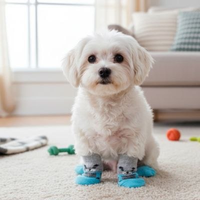 Bichon frisé blanc debout sur un tapis portant des chaussettes pour chien grises et bleues motif ours.