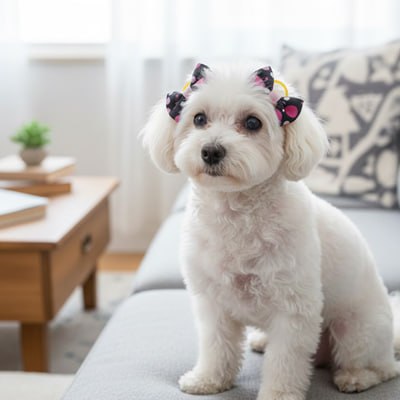 Bichon maltais blanc avec un double noeud papillon chien noir et rose à pois.