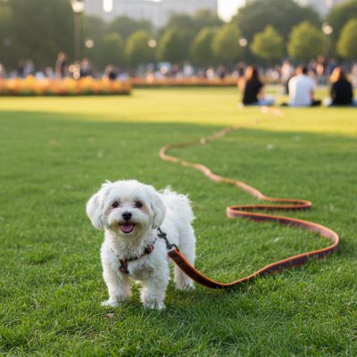 Bichon maltais dans un parc avec une longe pour petit chien orange.