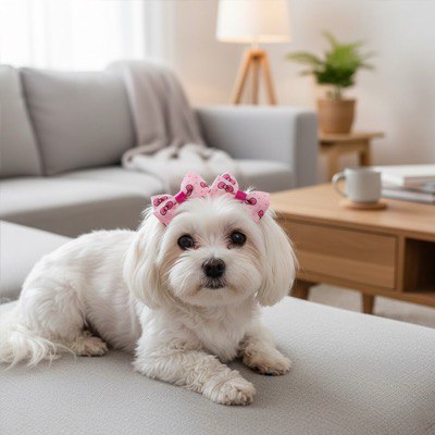 Bichon Maltais couché sur un sofa avec un collier noeud papillon pour chien rose à motifs.